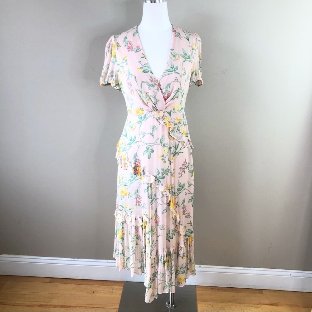Zara Pastel Blush Multi Floral Tiered Ruffle Flouncy Side Split Midi Dress S